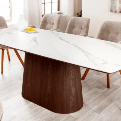 Jedálenský stôl UNIQUE 200 cm rám z tmavého orechového dreva dyhovaný keramický biely mramorový vrch