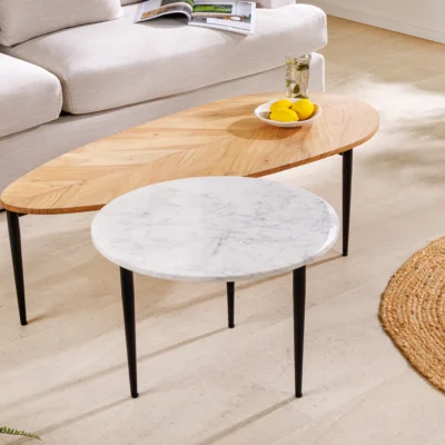 Konferenčný stolík ADLON, sada 2 kusov, akáciové drevo, prírodné a mramorové, biele