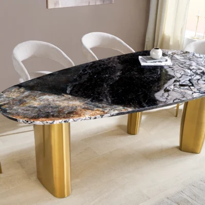 Jedálenský stôl ORGANIC 200 cm oválny, viacfarebný mramorový vrch s rámom v šampansko-zlatej farbe