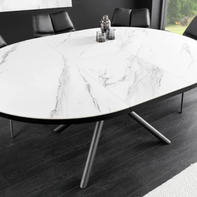 Jedálenský stôl MIKADO 120-160 cm okrúhly rozkladací mramorový vzhľad biely keramický tvrdené sklo
