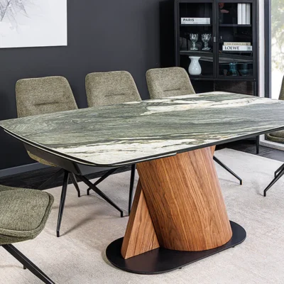 Jedálenský stôl ELEMENTS 180-260 cm rozkladací orechový rám s keramickou doskou, taupe sivý mramorový vzhľad