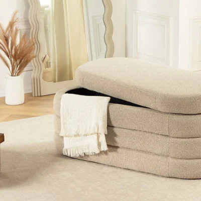 Dizajnová lavica s úložným priestorom TAUPE BOUCLÉ 115 cm – elegantný štýl a komfort