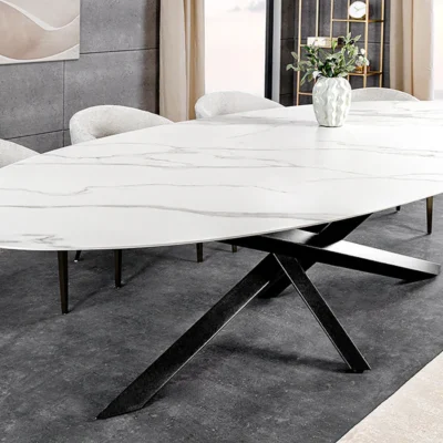 Jedálenský stôl SCULPTURE 280 cm oválny rám čierny s keramickou doskou, biely mramorový vzhľad