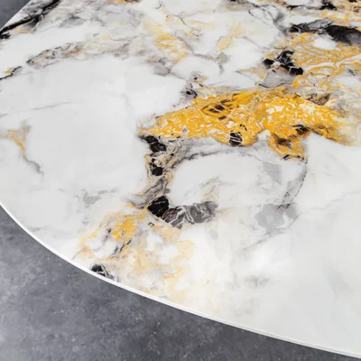 Jedálenský stôl SCULPTURE 280 cm oválny bronzový rám s keramickou doskou, viacfarebný mramorový vzhľad