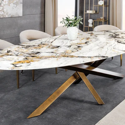 Jedálenský stôl SCULPTURE 280 cm oválny bronzový rám s keramickou doskou, viacfarebný mramorový vzhľad