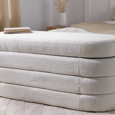 Dizajnová lavica s úložným priestorom CREAMY BOUCLÉ 115 cm – elegantný odkladací box