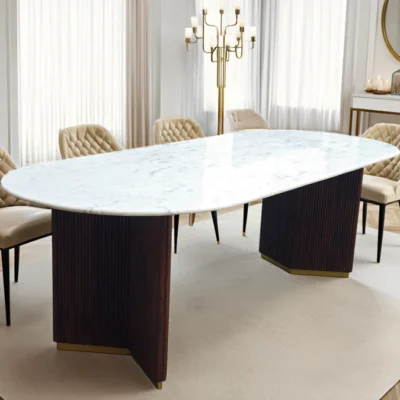 Jedálenský stôl GATSBY 240 cm oválny, mangové drevo, rám v tvare V, mramorová doska, biely