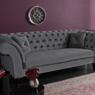 Trojmiestna pohovka PARIS Chesterfield 225 cm zamatova striebornosivá