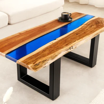 Konferenčný stolík LIQUID 110 cm akáciové drevo s modrým epoxidovým pásom