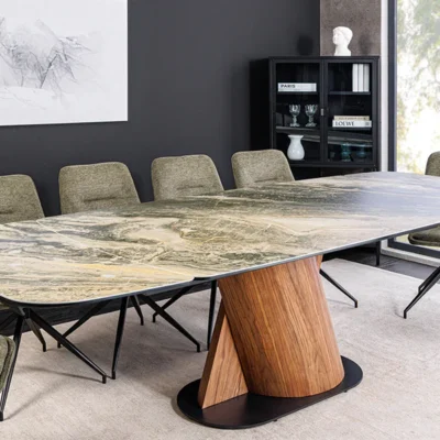 Jedálenský stôl ELEMENTS 180-260 cm rozkladací orechový rám s keramickou doskou, taupe béžový mramorový vzhľad