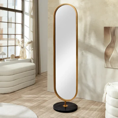 Zrkadlo 175 cm zlatý rám s čiernou mramorovou základňou