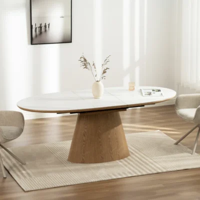 Rozkladací jedálenský stôl UNIQUE 160–200 cm s dekorom dubového dreva a  s bielym mramorovým efektom