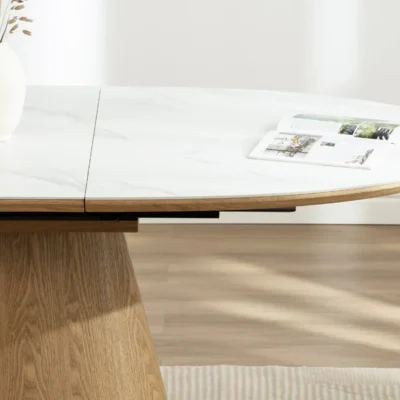 Rozkladací jedálenský stôl UNIQUE 160–200 cm s dekorom dubového dreva a  s bielym mramorovým efektom